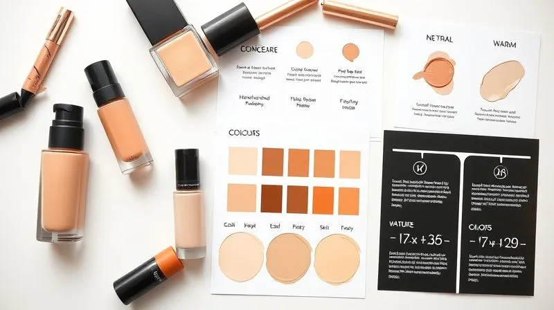 A photorealistic flat lay image of various beauty products (foundations, concealers) alongside color swatch cards and simple infographics explaining skin undertones (cool, warm, neutral). The setting is clean and brightly lit, emphasizing clarity and education. Professional photography, 8K, cinematic lighting, sharp focus on the educational elements, depth of field, shot on a high-end DSLR, conveying helpfulness.
