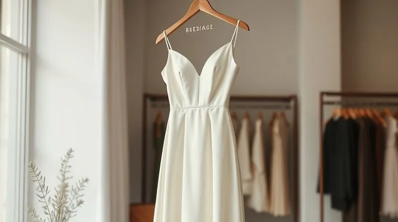 A photorealistic, professional photography shot of a minimalist wedding dress with clean lines, made of luxurious crepe fabric, hanging elegantly in a contemporary bridal boutique. Soft, diffused natural light highlights the fabric's texture and the dress's architectural silhouette. 8K hyper-detailed, sharp focus, depth of field.