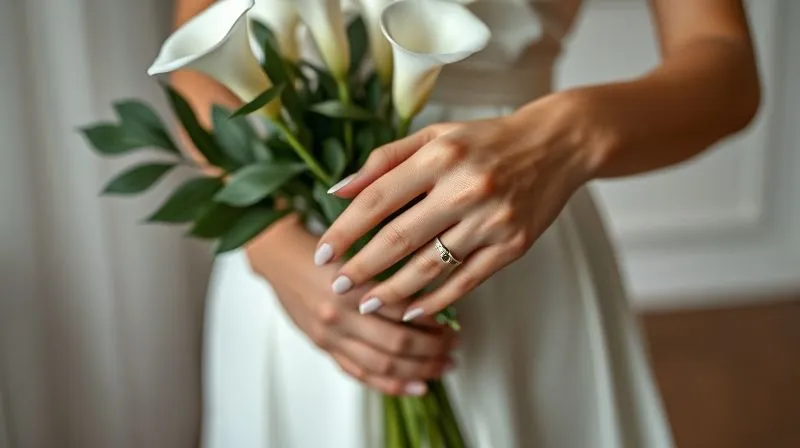 A photorealistic, professional photography shot of a modern bride's hand adorned with a single, elegant statement ring, holding a minimalist bouquet of white calla lilies and green foliage. The focus is on the ring and bouquet, with the bride's sleek wedding dress subtly blurred in the background. Cinematic lighting, 8K hyper-detailed.