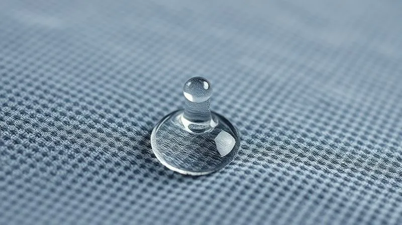A photorealistic close-up of a technical activewear fabric, showing microscopic fibers forming channels. A single droplet of water is visibly being pulled across the surface of the fabric, demonstrating capillary action. Cinematic lighting, sharp focus on the fabric texture, depth of field, 8K hyper-detailed, professional photography.