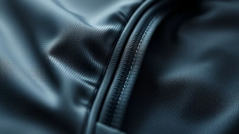 A photorealistic close-up of a technical activewear garment, focusing on a flatlock seam. The fabric shows a subtle two-layer construction, with tiny channels visible on the inner surface. Cinematic lighting, sharp focus on the seam and fabric texture, depth of field, 8K hyper-detailed, professional photography, shot on a high-end DSLR.