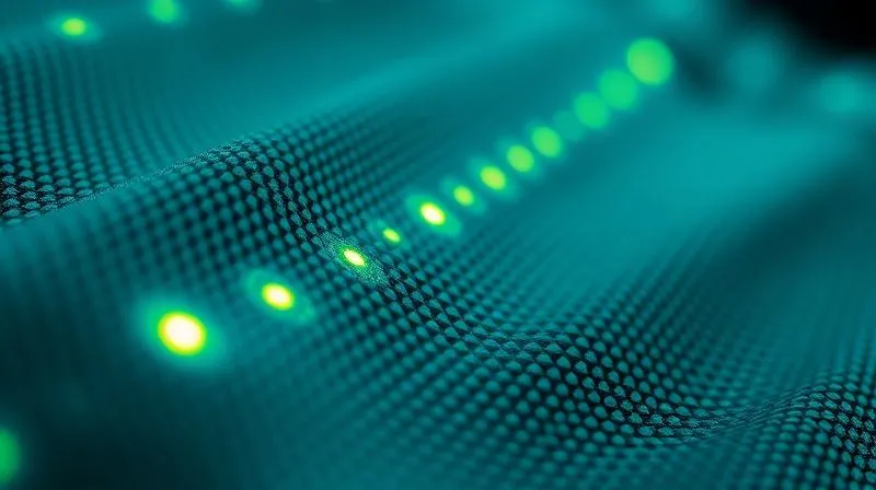 A photorealistic image showing a futuristic activewear fabric swatch with embedded micro-sensors glowing faintly, suggesting smart textile capabilities. The fabric has a complex, engineered texture. Cinematic lighting, sharp focus on the fabric's intricate details, depth of field, 8K hyper-detailed, professional photography.