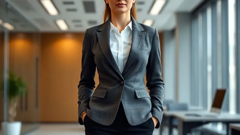A photorealistic, professional photography shot of a woman in a modern office. She is wearing a perfectly tailored, charcoal grey blazer over a crisp white shirt, with dark, structured trousers. Her posture is confident, and the blazer's sharp lines are in focus, conveying authority. Cinematic lighting, 8K hyper-detailed.