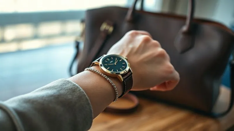 A photorealistic, professional photography close-up shot of a woman's wrist, featuring a classic, elegant watch with a leather strap, paired with a subtle, structured bracelet. In the blurred background, a high-quality leather handbag sits on a table. Cinematic lighting, sharp focus on the accessories, 8K hyper-detailed.
