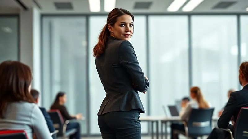A photorealistic, professional photography shot of a woman in a modern, light-filled conference room. She stands confidently, shoulders back, making eye contact with an unseen audience, exuding poise and authority. Her casual chic outfit (e.g., a well-fitting blazer and tailored trousers) complements her strong posture. Cinematic lighting, 8K hyper-detailed.