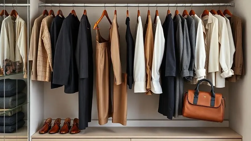 A photorealistic, professional photography shot of a meticulously organized capsule wardrobe for women, featuring a curated selection of high-quality, versatile casual chic pieces in a neutral palette (blazers, tailored trousers, silk blouses, structured bag). The items are neatly hung or folded, conveying organization and intentionality. Cinematic lighting, 8K hyper-detailed.