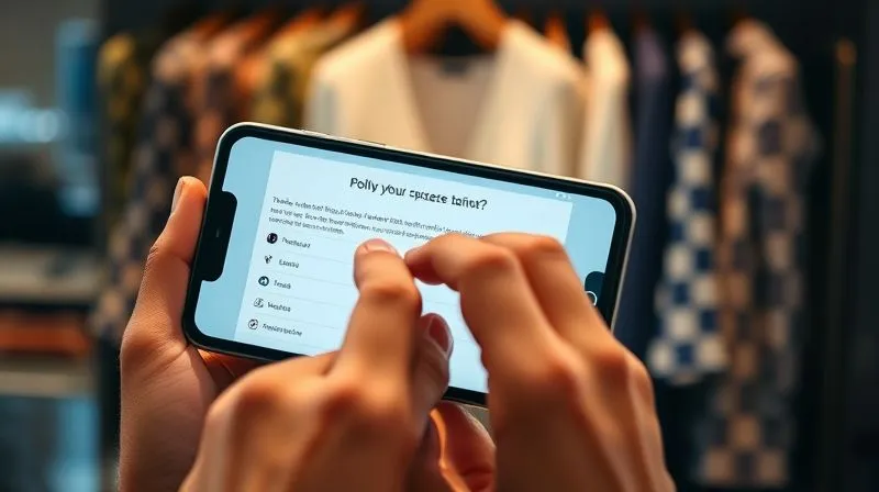 A photorealistic close-up of a smartphone screen displaying an interactive poll on a fashion blog, with hands hovering over options, blurred background showing a stylish wardrobe, cinematic lighting, sharp focus on the screen, 8K hyper-detailed, shot on a high-end DSLR.
