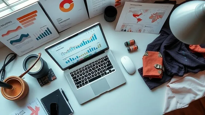 A photorealistic overhead shot of a fashion blogger's desk, with a laptop displaying analytics, mood boards, and various fabric swatches, cinematic lighting, sharp focus on the analytical tools and creative elements, 8K hyper-detailed, shot on a high-end DSLR.