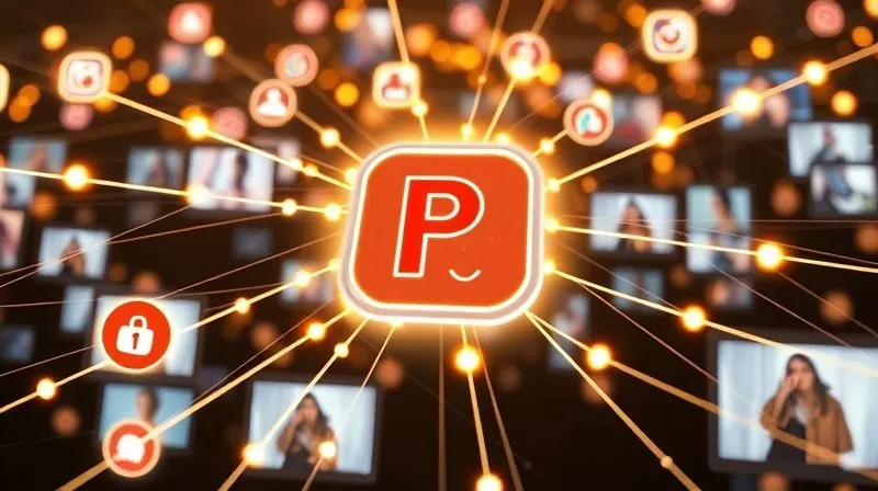 Photorealistic, professional photography, 8K, cinematic lighting, sharp focus, depth of field. A dynamic, interconnected network of glowing lines and icons representing various social media platforms (Pinterest, Instagram, TikTok) emanating from a central, stylized blog icon. In the background, diverse fashion photography snippets are displayed on floating screens, illustrating the reach and distribution of visual content. The overall impression is one of widespread influence and digital connectivity.