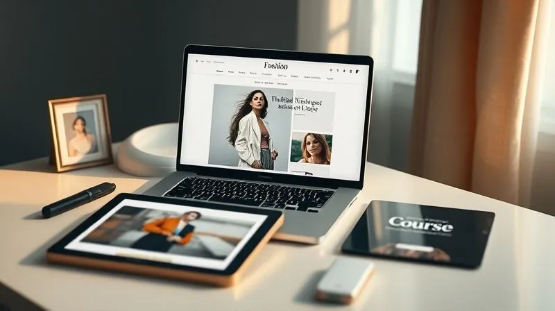 Photorealistic, professional photography, 8K, cinematic lighting, sharp focus, depth of field. A stylish, minimalist workspace featuring a laptop displaying a fashion photography blog. Beside it, elegant items symbolizing monetization: a beautifully framed print, a digital tablet with a 'course' interface, and a small, tasteful product from an affiliate brand. Soft, golden light bathes the scene, conveying success and thoughtful strategy.