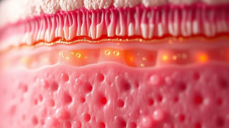 Photorealistic, professional photography, 8K, cinematic lighting, sharp focus, depth of field, shot on a high-end DSLR. A microscopic, stylized view of the skin's epidermal layers, showing cellular structure and lipid matrix, with tiny, glowing molecules (representing active ingredients) navigating through the layers. The image conveys scientific precision and the concept of penetration, with a subtle, healthy glow.