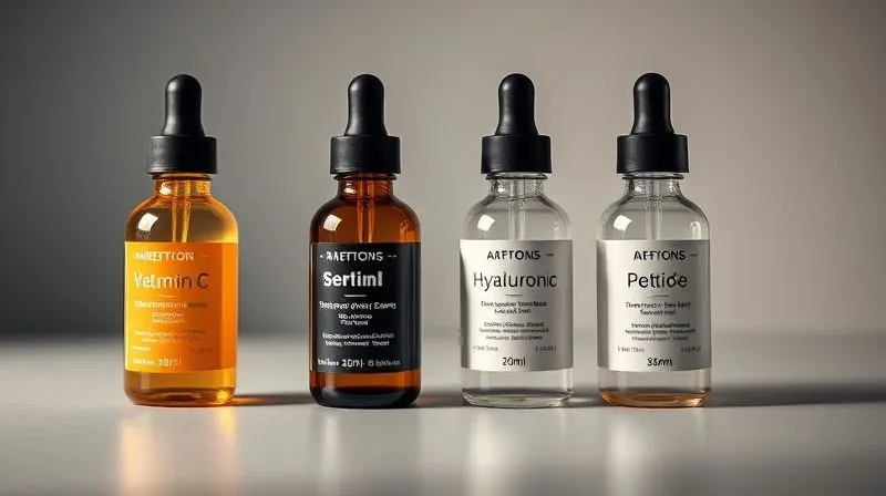 Photorealistic, professional photography, 8K, cinematic lighting, sharp focus, depth of field, shot on a high-end DSLR. A close-up, elegant flat lay of various anti-aging active ingredient bottles (Vitamin C serum, Retinol serum, Hyaluronic Acid, Peptide serum), each labeled clearly with its name, arranged on a smooth, scientific-looking surface. Soft, directional lighting highlights the textures and precision of the bottles, conveying the idea of strategic selection and application.