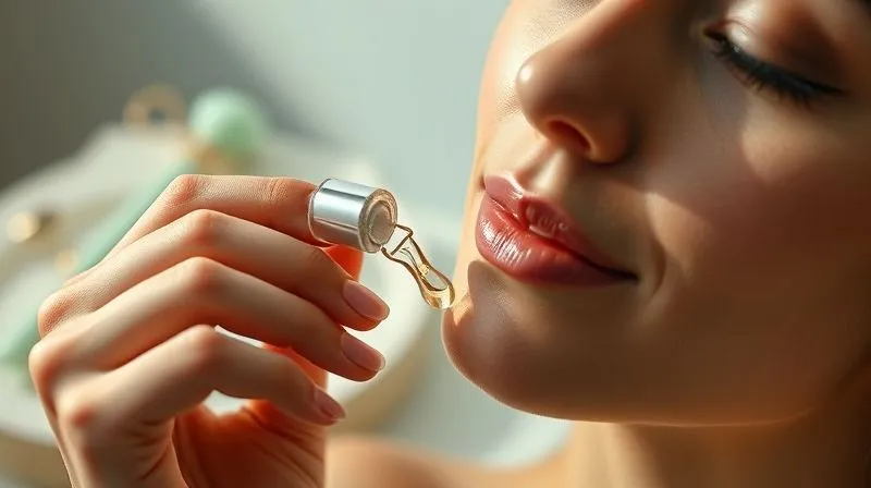 Photorealistic, professional photography, 8K, cinematic lighting, sharp focus, depth of field, shot on a high-end DSLR. A close-up of a woman's hand gently massaging a serum into her face, with a subtle glow on her skin. In the background, blurred, are elegant skincare tools like a jade roller and a small facial massager, suggesting enhanced absorption and care. The scene evokes a sense of calm, ritual, and effective skincare.