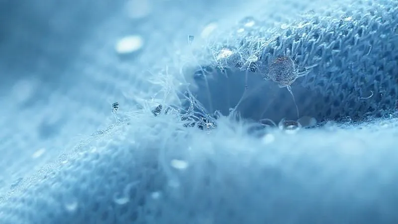A photorealistic close-up, 8K, cinematic lighting, of a microscopic view of a smart fabric's conductive threads frayed and broken after a wash cycle, with water droplets visible. Sharp focus, depth of field, high-end DSLR.