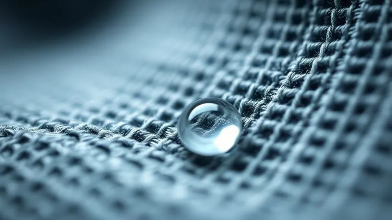 A close-up, photorealistic image of a technical fabric surface, showing microscopic fibers and a bead of sweat being pulled into the weave, illustrating moisture-wicking technology. Cinematic lighting, sharp focus on the fabric texture, depth of field blurring the background. 8K hyper-detailed.