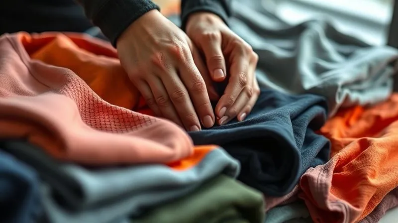 A photorealistic image of a person's hands sifting through an array of neatly folded, high-tech activewear garments in various colors and textures, representing a mindful selection process. Cinematic lighting, sharp focus on the fabrics and hands, depth of field blurring the background. 8K hyper-detailed.