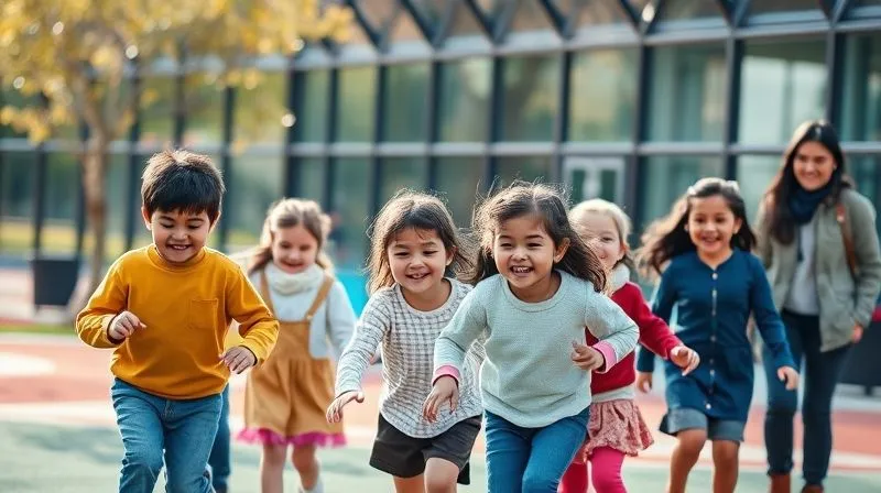 A photorealistic, professional photography image of a diverse group of happy children (ages 4-10) playing actively in a brightly lit, modern playground, wearing comfortable, stylish, and durable seasonal clothing. Their parents are observing them with smiles, some subtly interacting. The scene is full of natural light, sharp focus on the children, with a gentle depth of field blurring the background. Shot on a high-end DSLR, 8K hyper-detailed, cinematic lighting.