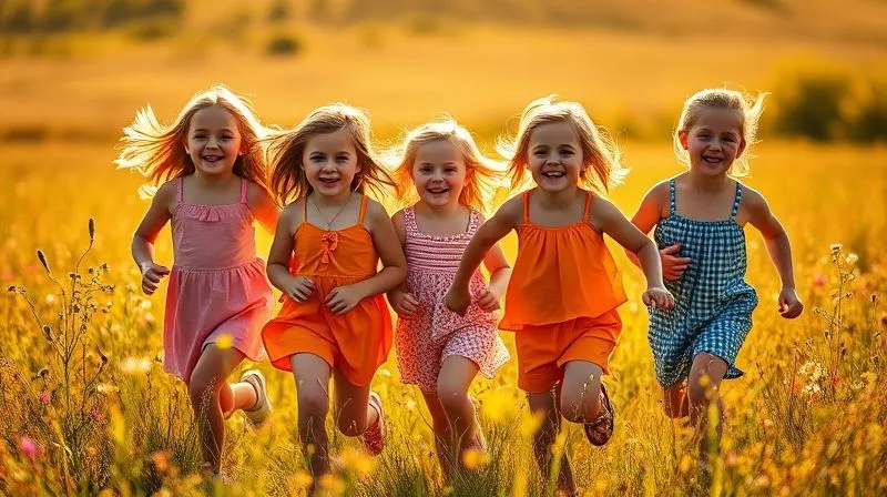 A photorealistic, professional photography image of three children (ages 3, 6, and 9) laughing and running through a sun-drenched field. They are wearing brightly colored, comfortable, and durable seasonal outfits that allow for full freedom of movement. The lighting is golden and warm, casting soft shadows. Sharp focus on the children, with a beautiful depth of field blurring the wildflowers in the foreground and background. Shot on a high-end DSLR, 8K hyper-detailed.