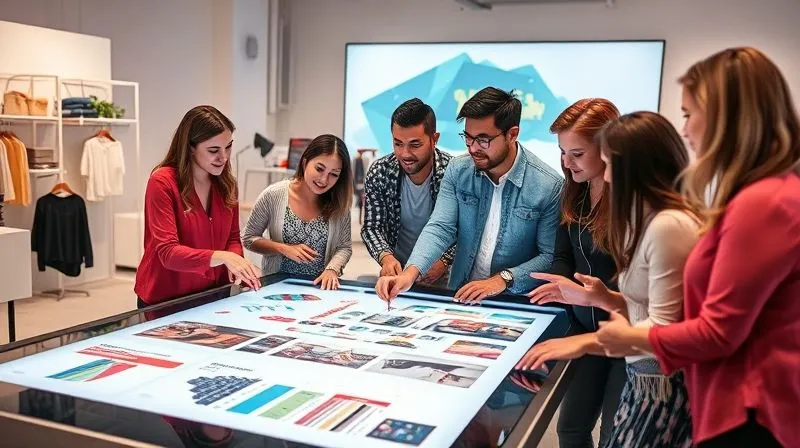 A photorealistic, professional photography image of diverse industry professionals (designers, retailers, manufacturers) collaborating around a large, interactive digital table displaying kids' fashion trend data, mood boards, and fabric swatches. They are engaged in animated discussion, pointing at projections and sharing insights. The setting is a modern, brightly lit studio with cinematic lighting, sharp focus on the collaborative interaction, and a subtle depth of field. Shot on a high-end DSLR, 8K hyper-detailed.