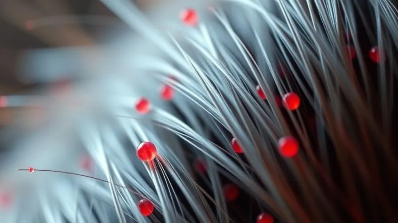 photorealistic, professional photography, 8K, cinematic lighting, sharp focus, depth of field, shot on a high-end DSLR. A magnified, abstract view of hair strands, showing slightly raised cuticles. Bright red pigment particles are depicted subtly escaping from between the cuticle scales, with faint rays of light (representing UV) hitting the strands. The image has a scientific, yet artistic, quality.