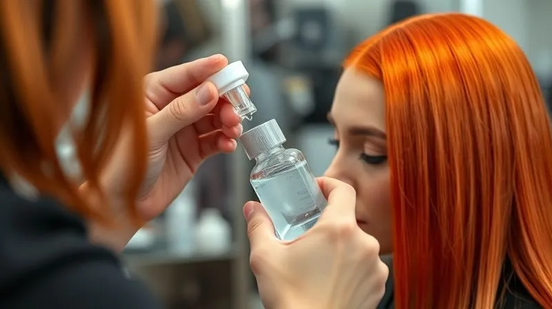 photorealistic, professional photography, 8K, cinematic lighting, sharp focus, depth of field, shot on a high-end DSLR. A skilled hair colorist meticulously applying a clear pre-treatment to a model's hair before the color process. The model's vibrant red hair is sectioned neatly, and the stylist's hands are precise and focused. The scene is bright and professional, highlighting the care taken in preparation.