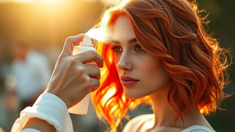 photorealistic, professional photography, 8K, cinematic lighting, sharp focus, depth of field, shot on a high-end DSLR. A hairstylist gently spraying a fine mist of UV protectant onto a model's vibrant, fiery red hair during an outdoor photoshoot. The sun is shining, casting a golden glow, and the focus is on the protective action and the stunning red color of the hair.