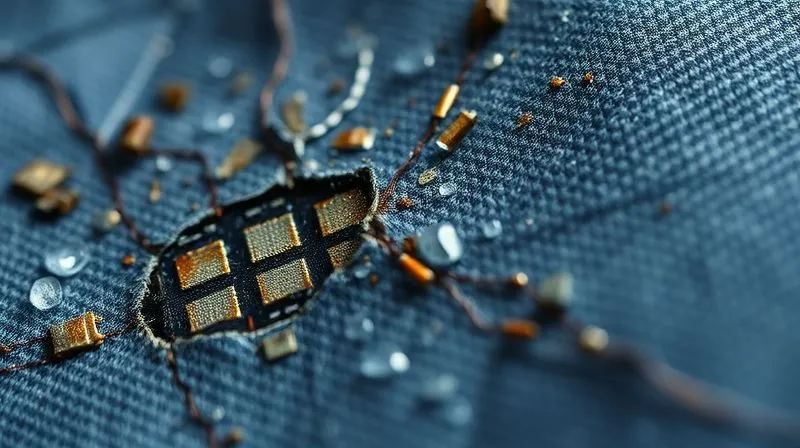 A photorealistic close-up of a damaged smart fabric swatch, showing visible micro-cracks, corrosion, and frayed conductive threads, with environmental elements like water droplets and UV light rays subtly interacting with the fabric. Professional photography, 8K, cinematic lighting, sharp focus on the degradation, depth of field blurring the background, shot on a high-end DSLR.