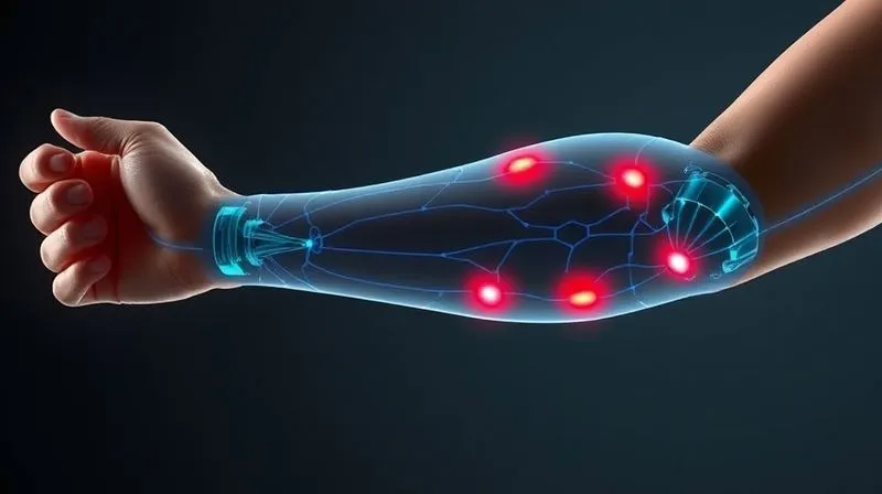 A photorealistic 3D rendering of a human arm wearing a smart sleeve, with transparent overlays showing highlighted areas of high mechanical stress (red zones) and optimized conductive pathways (blue lines) strategically routed around joints. The design emphasizes seamless integration and ergonomic considerations. Professional photography, 8K, cinematic lighting, sharp focus on the sleeve, depth of field blurring the background, shot on a high-end DSLR.