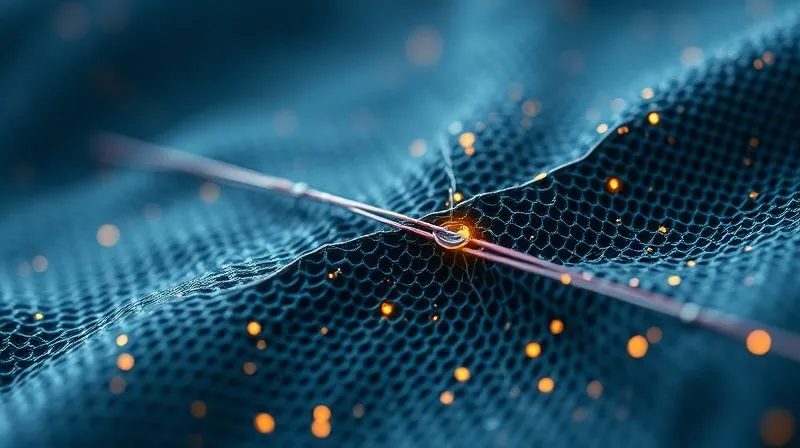 A photorealistic conceptual image of a futuristic smart fabric actively repairing itself. Visible micro-cracks in conductive threads are shown 'knitting' or fusing back together, with subtle glowing energy indicating the restoration process. The fabric has an organic, adaptive texture. Professional photography, 8K, cinematic lighting, sharp focus on the healing process, depth of field blurring the background, shot on a high-end DSLR.