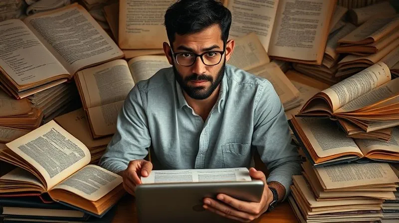 A photorealistic image of a designer surrounded by open books, historical documents, and a tablet displaying ethnographic research, with a focused expression, warm lighting, sharp focus on the research materials, depth of field blurring the background, 8K hyper-detailed, professional photography, shot on a high-end DSLR.
