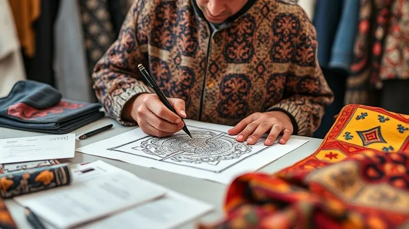 A photorealistic image of a streetwear designer meticulously sketching a transformed cultural pattern onto a garment, surrounded by ethically sourced fabrics and design notes detailing cultural origins. The scene is bright and professional, with a focus on thoughtful creation, cinematic lighting, sharp focus on the design, depth of field blurring the background, 8K hyper-detailed, professional photography, shot on a high-end DSLR.