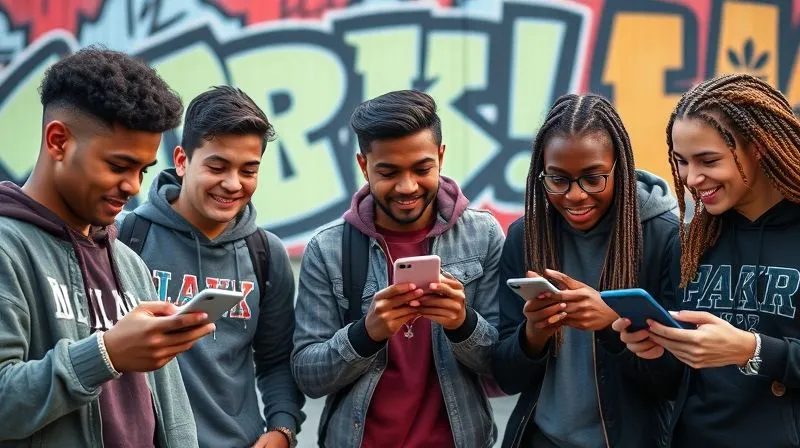 A photorealistic image of a diverse group of young people interacting authentically with a streetwear brand's social media content on various devices, showing genuine engagement and positive feedback, with a backdrop of urban art. The image has vibrant, natural lighting, sharp focus on the interactions, depth of field blurring the background, 8K hyper-detailed, professional photography, shot on a high-end DSLR.