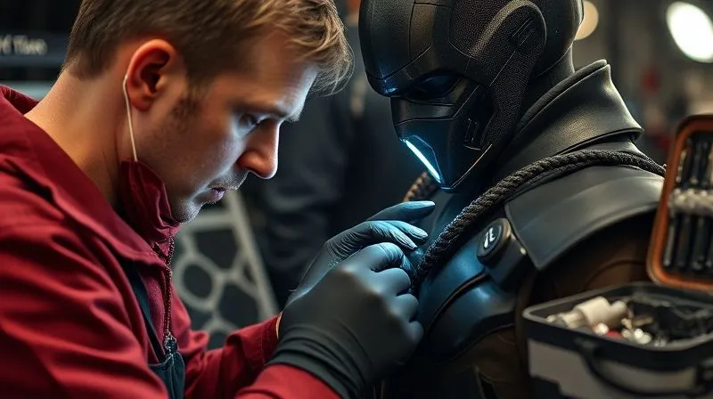 photorealistic, professional photography, 8K, cinematic lighting, sharp focus, depth of field, shot on a high-end DSLR, A focused costume technician meticulously inspecting a highly detailed special effects costume on a film set. The technician is wearing gloves and using a small light, highlighting intricate details and potential stress points. In the background, a mobile repair kit with tools and spare parts is visible. Emotion: meticulous, dedicated, problem-solving.