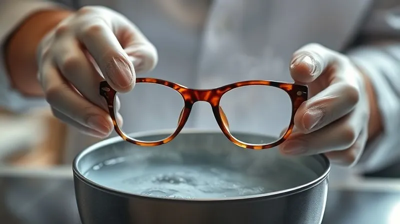 A photorealistic, professional photography shot of an optician gently holding a vintage acetate eyeglass frame over a small, controlled warm water bath, steam subtly rising. The optician's hands are gloved, showing precision and care. Cinematic lighting, sharp focus on the frame and water, depth of field blurring the background, 8K hyper-detailed, shot on a high-end DSLR.