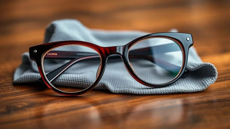 A photorealistic image of a vintage pair of cat-eye glasses, made of a rich burgundy acetate, being gently cleaned with a soft, grey microfiber cloth on a polished wooden surface. Cinematic lighting, sharp focus on the cleaning action, depth of field blurring the background, 8K hyper-detailed, shot on a high-end DSLR.