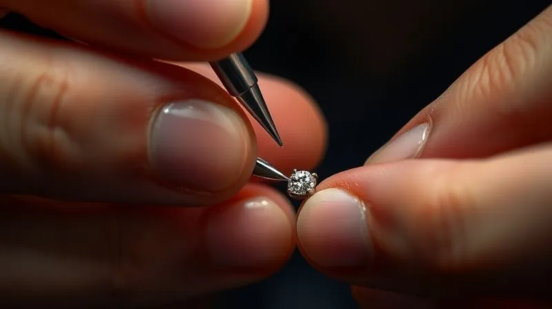 A photorealistic, close-up image of a jeweler's hands using a highly specialized, finely tipped graver tool to meticulously push a tiny bead of metal over a diamond in a micro-pavé setting. The jeweler's posture is focused, and the lighting highlights the precision of the work. Professional photography, 8K, cinematic lighting, sharp focus on the tool and diamond, depth of field, shot on a high-end DSLR.