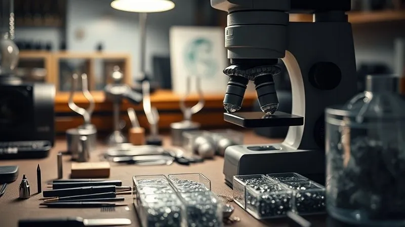 A photorealistic, professional photography image of a meticulously organized jeweler's workbench under bright, focused lighting. Specialized micro-setting tools are neatly arranged, a high-power microscope is in use, and tiny diamonds are sorted in clear containers. The scene conveys precision, order, and deep concentration. 8K, cinematic lighting, sharp focus, depth of field, shot on a high-end DSLR.