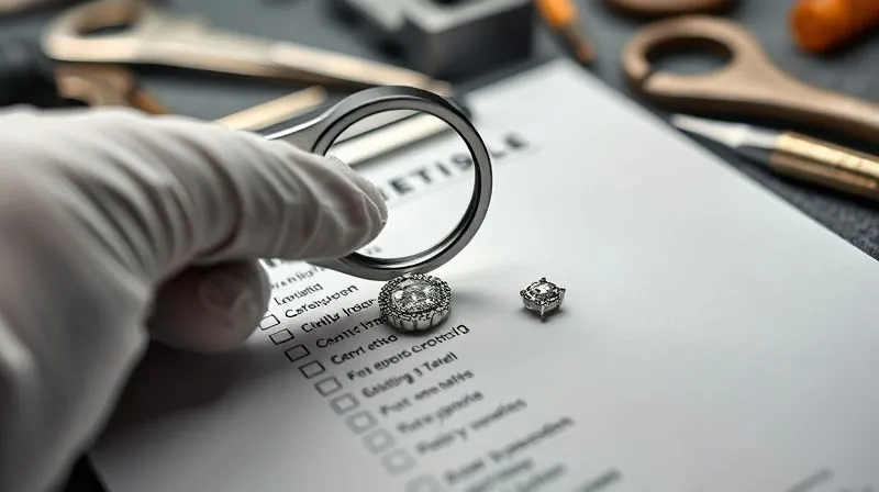 A photorealistic image of a detailed quality control checklist and a small, magnifying loupe resting on a piece of micro-pavé jewelry. A hand with a gloved finger points to a specific section of the checklist. The background shows blurred workshop tools. Professional photography, 8K, cinematic lighting, sharp focus on the checklist and jewelry, depth of field, shot on a high-end DSLR.