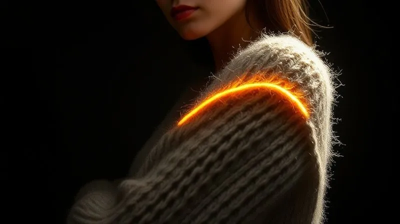 A photorealistic studio shot of a model wearing a textured wool sweater, with a strong rim light illuminating the fibers around her shoulder and arm, creating a dramatic outline and emphasizing the wool's texture against a dark background, 8K, cinematic lighting, sharp focus, depth of field.