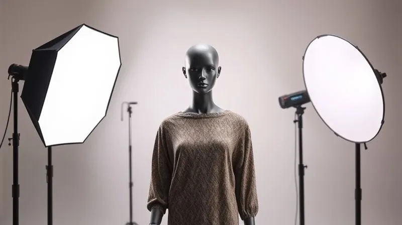 A photorealistic studio setup showing various light modifiers: a large octabox, a gridded strip softbox, and a small beauty dish, each positioned around a mannequin dressed in a textured fabric garment, illustrating different lighting effects, 8K, cinematic lighting, sharp focus, depth of field.