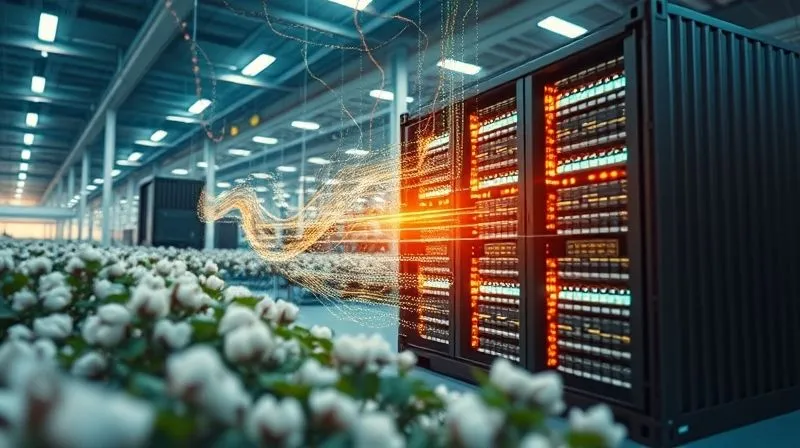 A photorealistic visualization of data streams flowing from various sources – a cotton field, a textile factory, a shipping container – converging into a central, secure digital database represented by a glowing, intricate server rack, cinematic lighting, 8K, sharp focus, depth of field.