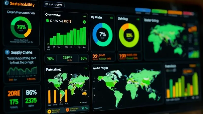 A photorealistic sophisticated digital dashboard displaying real-time sustainability metrics for a fashion brand. Widgets show green energy consumption, water savings, waste reduction percentages, and supply chain traceability maps, all with vibrant, clear data visualizations. Professional photography, 8K, cinematic lighting, sharp focus, depth of field.