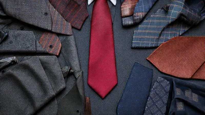 photorealistic, professional photography, 8K, cinematic lighting, sharp focus, depth of field, shot on a high-end DSLR. A meticulously arranged flat lay of men's suit fabric swatches and tie samples. The central swatch is a rich, distinct color (e.g., deep burgundy or forest green), surrounded by complementary but subtly different shades of grey, navy, and earth tones, alongside various textured tie fabrics and pocket squares. The composition emphasizes harmonious color theory and thoughtful coordination, with a sense of elegance and bespoke tailoring.
