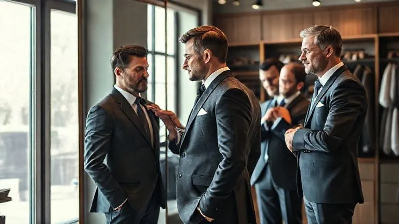 photorealistic, professional photography, 8K, cinematic lighting, sharp focus, depth of field, shot on a high-end DSLR. A group of men in a high-end menswear boutique, standing in front of a large mirror. One man, clearly the groom, is being adjusted by a tailor, his suit subtly more refined. The other men, groomsmen, are observing, some trying on their own coordinated but slightly differentiated suits. The atmosphere is collaborative and focused on achieving perfect fit and harmonious style. Natural light streams in from a large window.