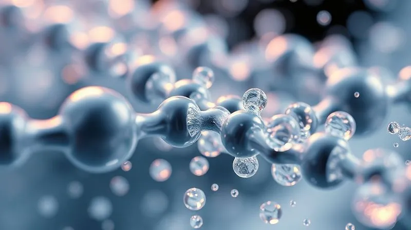 Photorealistic, professional photography, 8K, cinematic lighting, sharp focus, depth of field, shot on a high-end DSLR. A highly magnified, abstract representation of polyurethane polymer chains being broken down by water molecules, depicted as tiny, glowing spheres. The image should convey a sense of molecular degradation and fragility, with subtle visual cues of moisture in the background, emphasizing the chemical process of hydrolysis.