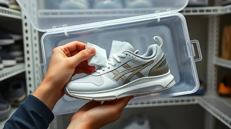 Photorealistic, professional photography, 8K, cinematic lighting, sharp focus, depth of field, shot on a high-end DSLR. A person's hands carefully placing several silica gel packets inside a high-quality shoe with a PU sole, which is then being placed into a clear, sealed storage box. The background is a clean, well-organized storage shelf, emphasizing meticulous preservation techniques.