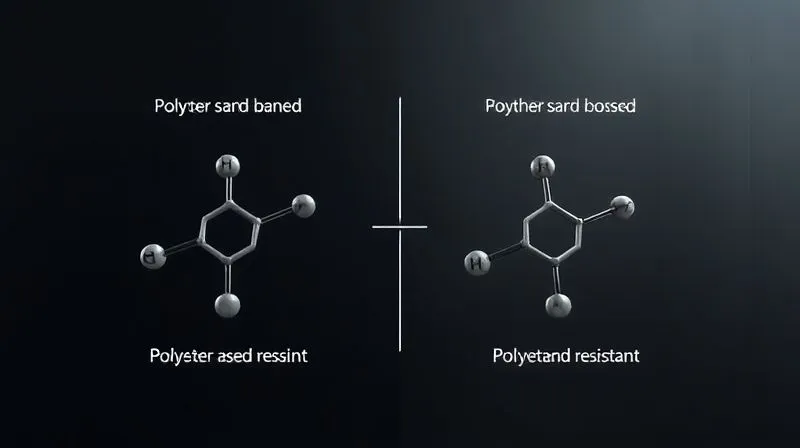 Photorealistic, professional photography, 8K, cinematic lighting, sharp focus, depth of field, shot on a high-end DSLR. A detailed, clean diagram showing two molecular structures: one representing polyester-based polyurethane and another representing polyether-based polyurethane. The ester bonds in the polyester PU are highlighted with a subtle 'target' icon, while the ether bonds in the polyether PU are shown as robust and resistant. The image clearly illustrates the chemical difference in hydrolysis susceptibility.