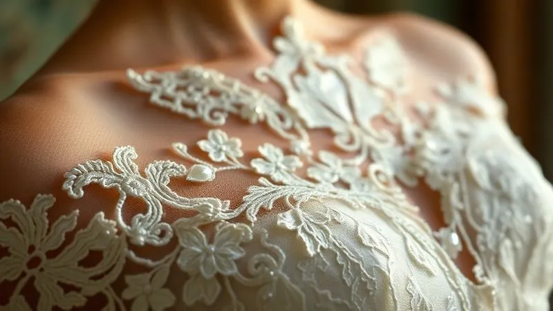 A close-up, photorealistic, professional photography, 8K, cinematic lighting, sharp focus on delicate, aged lace and intricate hand-sewn beading on a vintage wedding gown, showcasing its fragility and beauty. The background is softly blurred, highlighting the detail. Shot on a high-end DSLR.