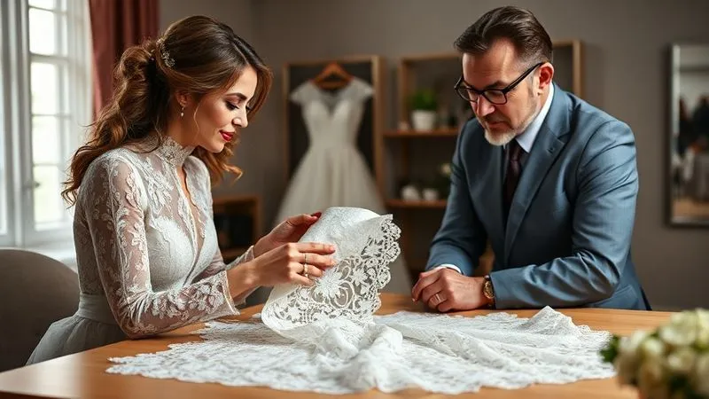 A photorealistic, professional photography, 8K, cinematic lighting, sharp focus on a consultation table with a bride and a professional, experienced tailor, holding swatches of vintage lace and discussing an alteration plan for a delicate gown. The atmosphere is one of trust and expertise. Depth of field blurs the background, emphasizing the interaction. Shot on a high-end DSLR.