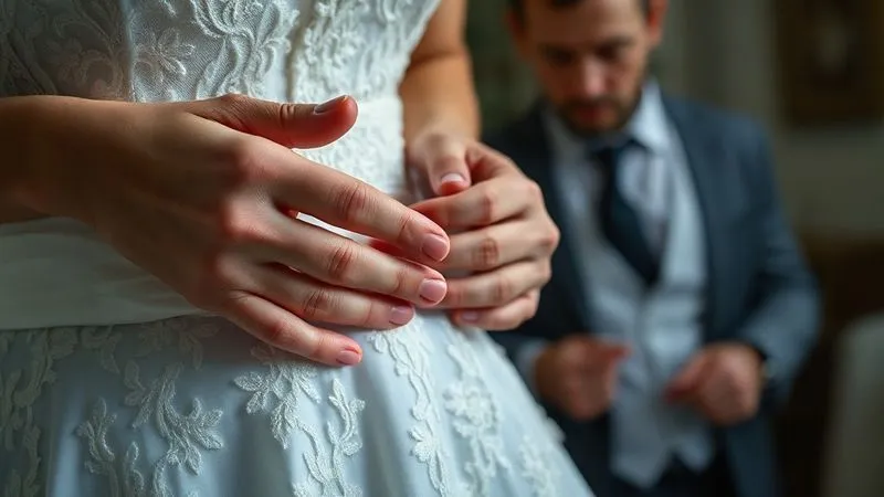 A photorealistic, professional photography, 8K, cinematic lighting, sharp focus on a worried bride's hands gently inspecting a small, accidental snag on a vintage lace wedding gown. The background is slightly blurred, showing a concerned tailor observing, highlighting the fragility and the need for immediate, expert attention. Shot on a high-end DSLR.